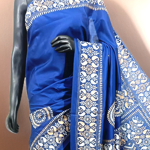 Pure Banglore silk kantha stitch saree with silk mark with blouse piece176