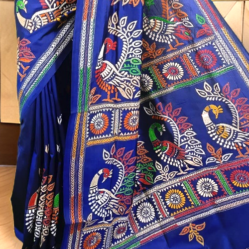 Pure Banglore silk kantha stitch saree with silk mark with blouse piece