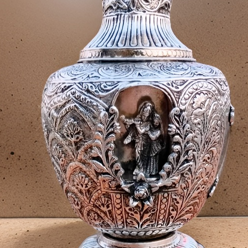 German silver antique Radha Krishna flower vase / flower pot