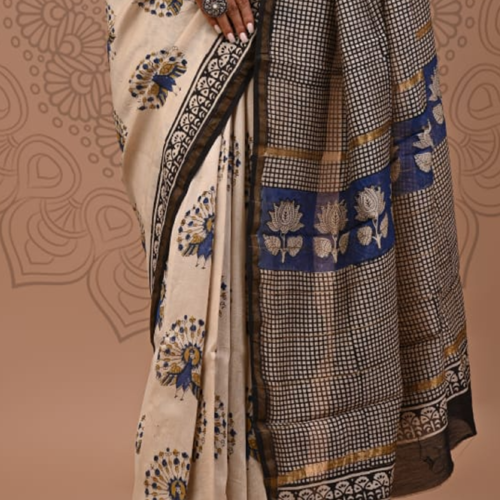 Updated block printed chanderi silk with blouse piece