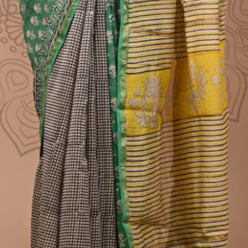 Updated block printed chanderi silk with blouse piece
