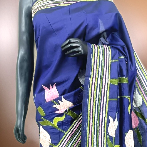 Pure Banglore silk kantha stitch saree with silk mark with blouse piece