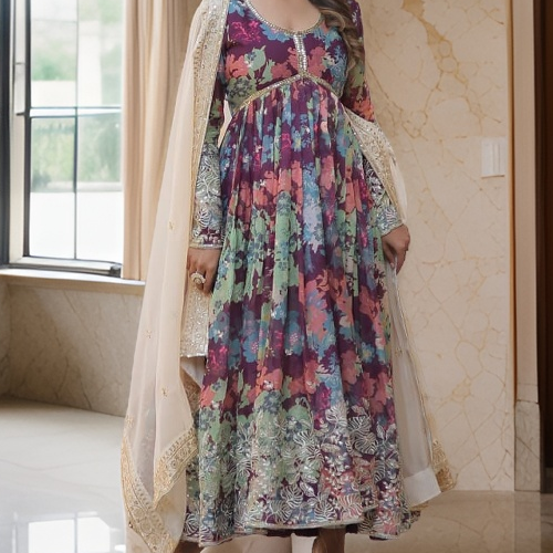 Premium Readymade Alia Cut Gown With Dupatta Set
